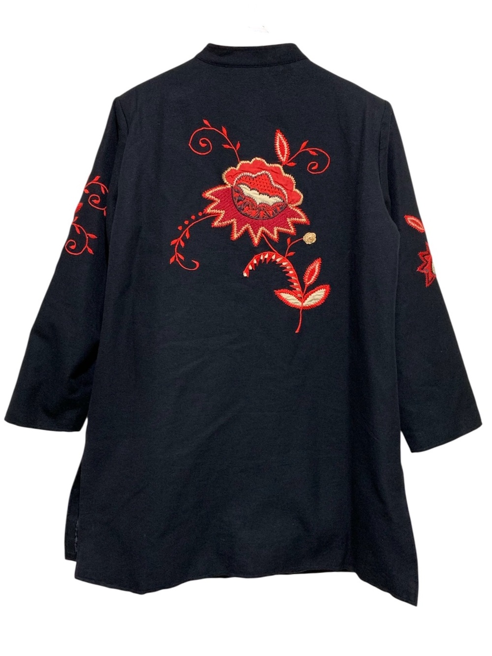 Indigo Moon Embroidered Folk Art Long Jacket Black Red Boho Statement Coat Large - Picture 4 of 8